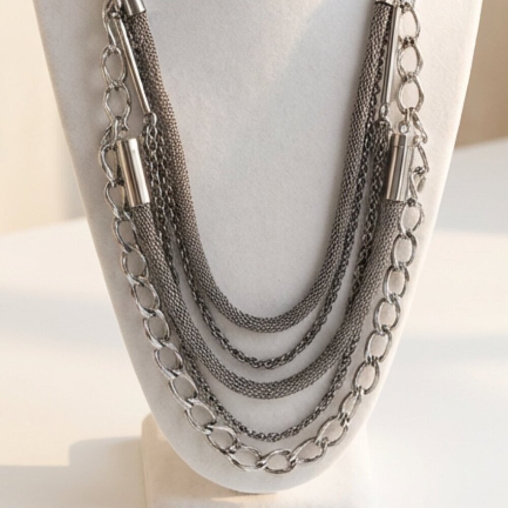 Chico's Multi-Chain Layered Statement Necklace | Silver Tone Mixed Textures - Picture 8 of 8